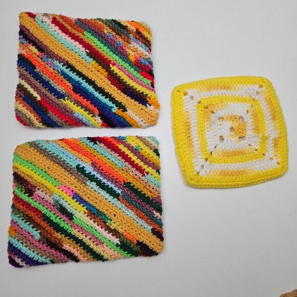 NEW Handknit Crochet 3pc Pot‎ Holder Trio Multicolor Yellow Boho Retro - Picture 3 of 6